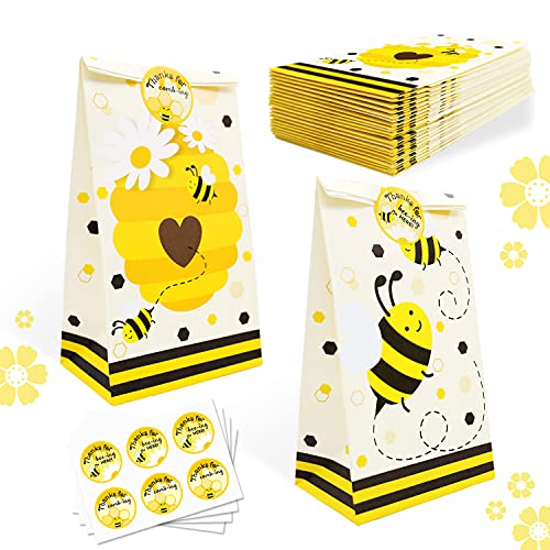 24 Pack Honey Bee Party Candy Favor Bags with Thank You Stickers, Bumble Bee Goody Gift Treat Bags for Bee Birthday Baby Shower Wedding Supplies