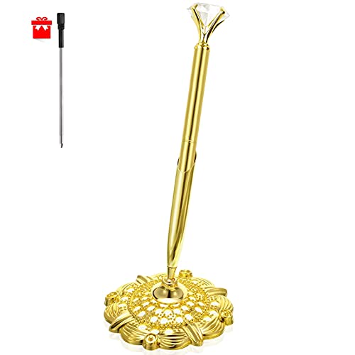 RUTICH Hollow Round Pen Holder Signing Pen Set with Big Diamond Crystal Pen for Wedding Bridal Opening Ceremony Graduation Office, Golden(Black Ink)