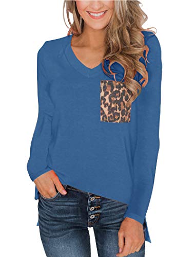 Minclouse Women's Leopard Pocket Tops Long Sleeves V Neck T Shirt Casual Basic Tees with Side Slits