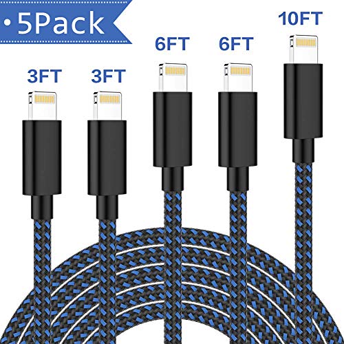 Book Cover iPhone Charger,ONXIGLI MFi Certified Lightning Cable 5 Pack[3/3/6/6/10FT]Extra Long Nylon Braided USB Charging & Syncing Cord Compatible iPhone Xs/Max/XR/X/8/8Plus/7/7Plus/6S/6S Plus/SE/iPad/Nan More