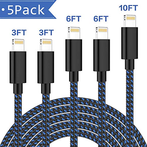 iPhone Charger,ONXIGLI MFi Certified Lightning Cable 5 Pack[3/3/6/6/10FT]Extra Long Nylon Braided USB Charging & Syncing Cord Compatible iPhone Xs/Max/XR/X/8/8Plus/7/7Plus/6S/6S Plus/SE/iPad/Nan More