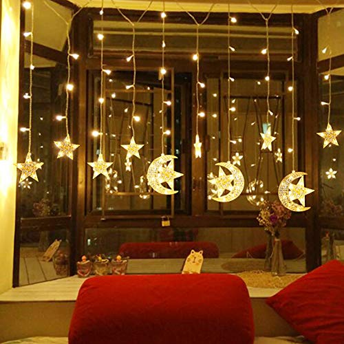 WOSTOO String Lights Stars, 138 LED Lights Curtain Star Window Decorative Lights with 2 Charging Ways(Batteries/USB) Warm White Lights for Bedroom,Patio, Dorm, Party, Home, Garden
