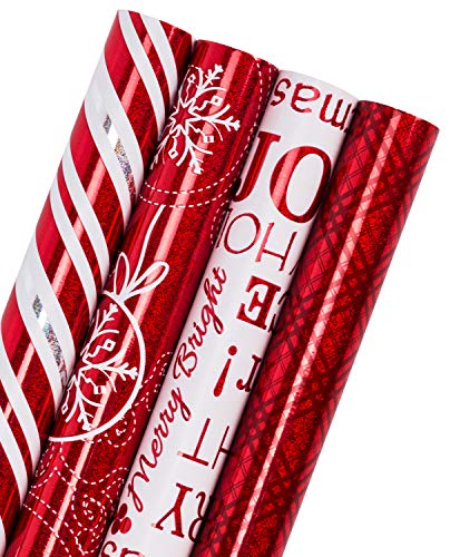 WRAPAHOLIC Christmas Gift Wrapping Paper Roll - Red and White Christmas Gift Wrap Design with Glitter Matallic Foil Shine - 4 Rolls - 30 inch X 120 inch Per Roll