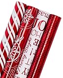 WRAPAHOLIC 30 Inch Christmas Wrapping Paper Set - Jumbo Roll Red and White Christmas Design with Metallic Foil Shine - 4 Rolls - 30 inch x 120 inch Per Roll