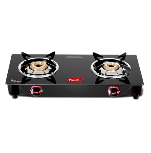 Pigeon by Stoverkraft Stainless Steel Aster 2 Burner Glass Cook Top Gas Stove for Kitchen, (Black), Manual