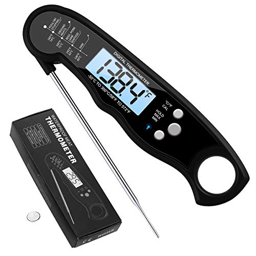 (2021 Upgraded) Instant Read Meat Thermometer, Best Waterproof Cooking Thermometer, with Backlight Calibration, Ultra Fast Probe, for Kitchen, BBQ, Grill Food, Auto On-Off, Battery Included (Black)