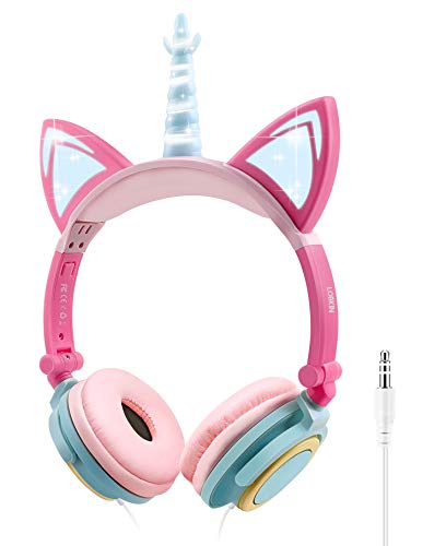Book Cover Kids Headphones with Cat Ear Wired Headphones Over Ear for Children Foldable Headphone with Glowing Light for Kindle Fire, Samsung, iPad Tablets (green)
