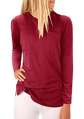 MissLook Women's High Neck Tank Tops Long Sleeve Blouse Plain Loose Fit T Shirts with Pocket Burgundy X-Large