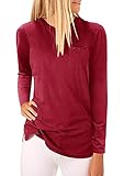 MissLook Women's High Neck Tank Tops Long Sleeve Blouse Plain Loose Fit T Shirts with Pocket Burgundy X-Large