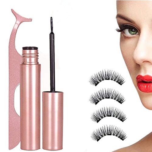 Magnetic eyeliner with 3D 2 pairs of magnetic eyelash set | Lashliner Magnetic Eyeliner With Magnetic Eyelashes | Natural full eye 5 magnet eyelashes false Fake Lashes with Eyelash Tweezers-Rose gold