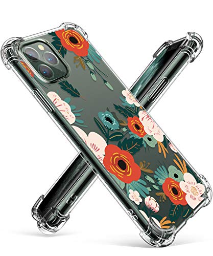 GVIEWIN iPhone 11 Pro Max Case 2019, Clear Flower Design Soft & Flexible TPU Ultra-Thin Shockproof Transparent Bumper Protective Floral Cover (Flowering/Reseda Green)