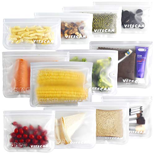 Book Cover Reusable Food Storage Bags 12 Pack Ziploc bags (4 Reusable Snack Bags+4 Reusable Sandwich Bags +4 Reusable Lunch Bags) BPA FREE Leak Proof Freezer Bags for sous vide,Make-up,Travel Home Organization