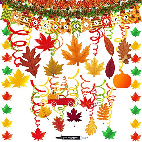 Book Cover 45 Pack Thanksgiving Party Swirls Hanging Foil Swirl Streamers with Foil Autumn Leaf Strings Fall Banner Tinsel Garland for Halloween Birthday Wedding Ceiling Backdrop Decoration