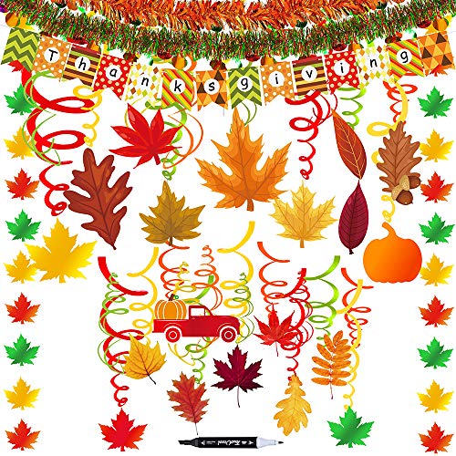 45 Pack Thanksgiving Party Swirls Hanging Foil Swirl Streamers with Foil Autumn Leaf Strings Fall Banner Tinsel Garland for Halloween Birthday Wedding Ceiling Backdrop Decoration