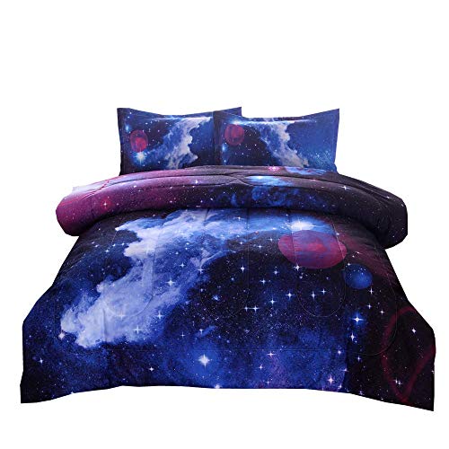 PomCo Galaxy Comforter Twin (68x88 Inch), 2Pcs(1 Galaxy Comforter & 1 Pillowcases) 3D Space Outer Sky Microfiber Bedding Set, Universe Cloud Galaxy Comforter Set for Boy Girl Teen Kid