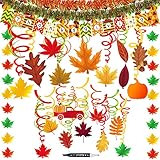 45 Pack Thanksgiving Party Swirls Hanging Foil Swirl Streamers with Foil Autumn Leaf Strings Fall Banner Tinsel Garland for Halloween Birthday Wedding Ceiling Backdrop Decoration