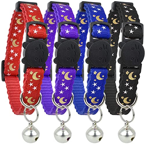 Upgraded Version - Cat Collar Stars and Moon, 4-Pack, Reflective with Bell, Solid & Safe , Nylon, Pet Collar, Breakaway Cat Collar, Free Replacement