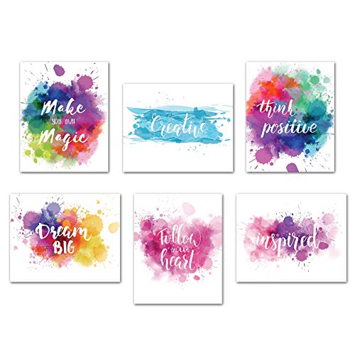 Inspirational Poster Motivational Wall Art - Creative Quotes for Home Office Watercolor Canvas Print Artwork Bedroom Decor 8x10 Inch Unframed Set of 6 Positive Words Sayings Painting Phrase Picture