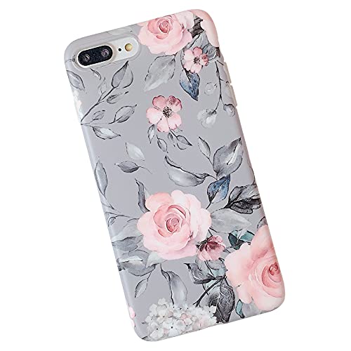 Book Cover iPhone 8 Plus / 7 Plus Case for Girls, YeLoveHaw Flexible Soft Slim Fit Full-Around Protective Cute Phone Case Cover with Purple Floral and Gray Leaves Pattern for iPhone 7Plus / 8Plus (Pink Flowers)