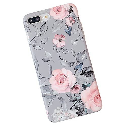 iPhone 8 Plus / 7 Plus Case for Girls, YeLoveHaw Flexible Soft Slim Fit Full-Around Protective Cute Phone Case Cover with Purple Floral and Gray Leaves Pattern for iPhone 7Plus / 8Plus (Pink Flowers)
