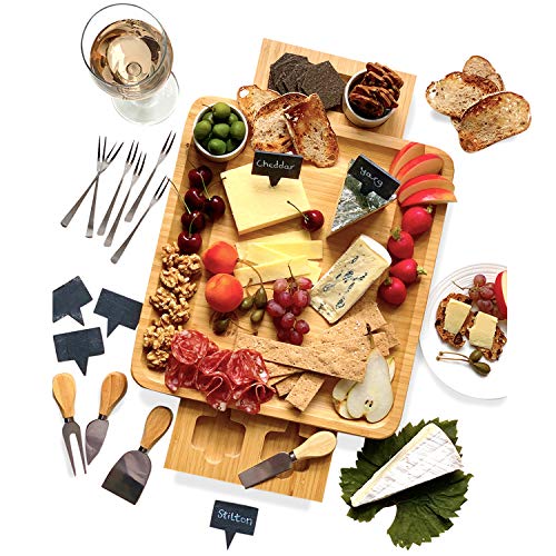 Bamboo Cheese Board and Knife Set - 20 pc Wood Charcuterie Platter - Serving Meat & Cheese Plate with 2 Slide-Out Drawers, 6 Appetizer Forks, 6 Slate Labels, 4 Stainless Steel Knives and Bowls