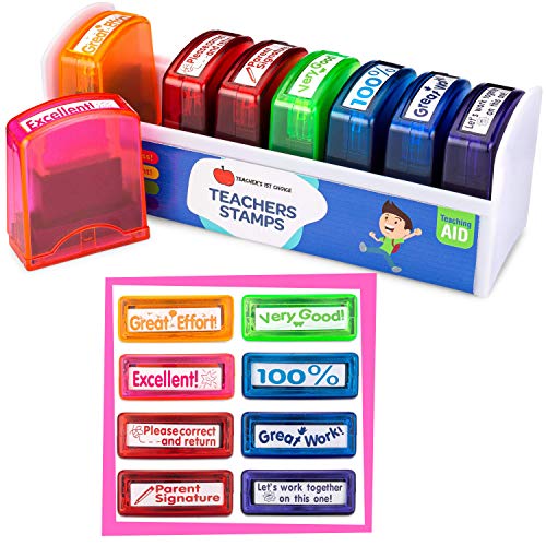 Teacher Stamps for Grading Papers Set | Recognize, Inspire and Motivate with These Teacher Stamp Set with Storage and Organization Tray (8-Piece Set)