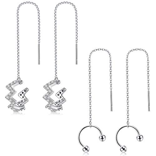LOYALLOOK 925 Sterling Silver Ear Cuff Earrings for Women CZ Wrap Tassel Chain Earrings Cartilage Crawler Earrings Wave Threader Earrings, 2 Pairs