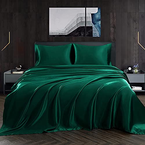 Book Cover Homiest 4pcs Satin Sheets Set Luxury Silky Satin Bedding Set with Deep Pocket, 1 Fitted Sheet + 1 Flat Sheet + 2 Pillowcases (Queen Size, Blackish Green)