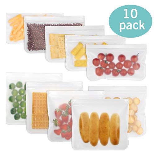 Reusable Storage Bags - 10 Pack Leakproof Freezer Bags (5 Reusable Sandwich Bags & 5 Reusable Snack Bags) - PEVA Ziplock Bags for Food, Lunch, Make-up, Travel Storage, Home Organisation