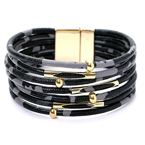 LINSUAN Leopard Bracelets for Women Metal Pipe Charm Multilayer Wide Leather Wrap Bracelet(Black)