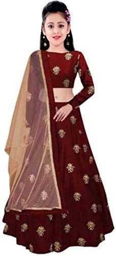 Clothes Shop Girl's Banglory Satin Semi-Stitched girl's Lehenga Choli for 10-15 Year Girls (maroon)