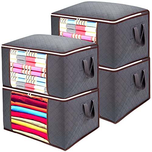 Anyoneer Clothes Storage Bag Organizer for Comforters,Blankets,Bedding,Clothing,Pillow,Linen|Reinforced Handle,Sturdy Zipper,Thick Fabric,Large Containers,Foldable,Clear Window,4 Pack,90L,Grey