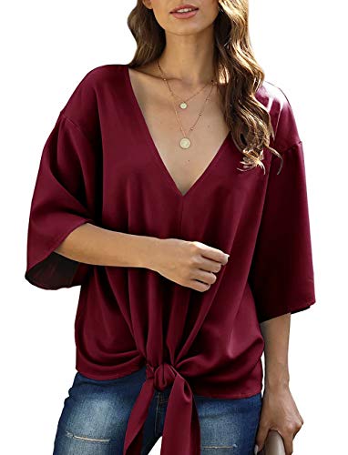 Aixy Womens Wine Red Tops V Neck Tie Knot Front Blouses Bat Wing Short Sleeve Chiffon Tops Shirts
