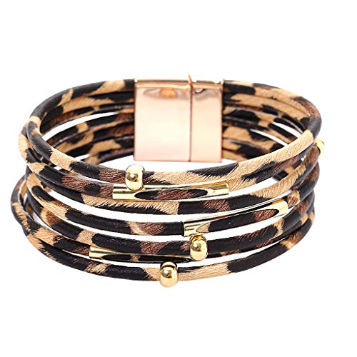 Leopard Bracelets for Women Metal Pipe Charm Multilayer Wide Leather Wrap Bracelet (1)