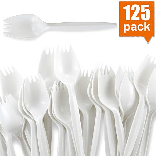 Book Cover BPA-Free White Plastic Disposable Sporks 125 PCS, Healthy, Durable, Environmental, 2-in-1 for School Meals, Picnic, Party, Restaurant, Adults and Kids