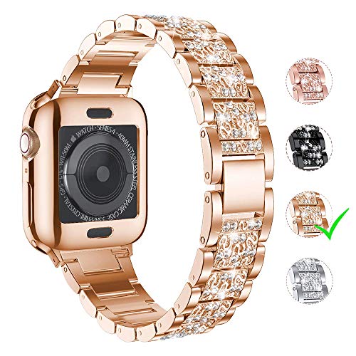 Book Cover LELONG for Apple Watch Band 38mm 40mm 42mm 44mm Series 5 Series 4 3 2 1 with Case, Bling Replacement Bracelet iWatch Band, Diamond Rhinestone Stainless Steel Metal Wristband Strap