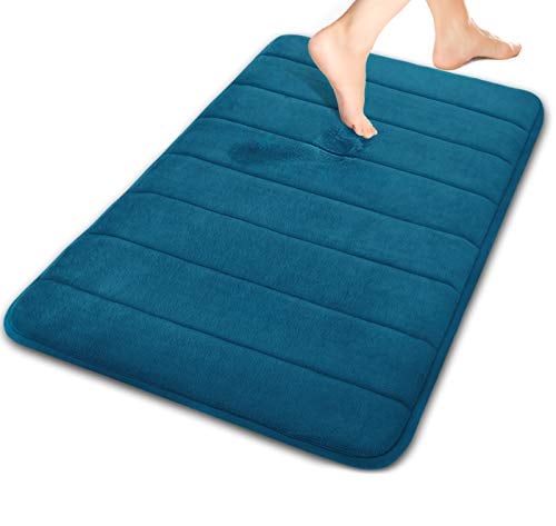 Book Cover Yimobra Memory Foam Bath Mat Large Size, 43 x 61 cm, Soft and Comfortable, Super Water Absorption, Non-Slip, Thick, Machine Wash, Easier to Dry for Bathroom Floor Rug, Peacock Blue