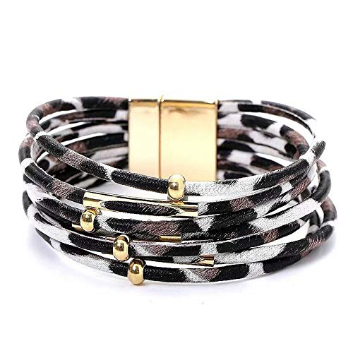 LINSUAN Leopard Bracelets for Women Metal Pipe Charm Multilayer Wide Leather Wrap Bracelet(White)
