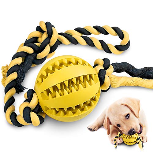 Interactive Dog Toys, Dog Chew Toys Ball for Small Medium Dogs , IQ Treat Boredom Food Dispensing, Puzzle Puppy Pals Tough Durable Rubber Pet Ball, Best Cleans Teeth Dog Balls (Yellow)
