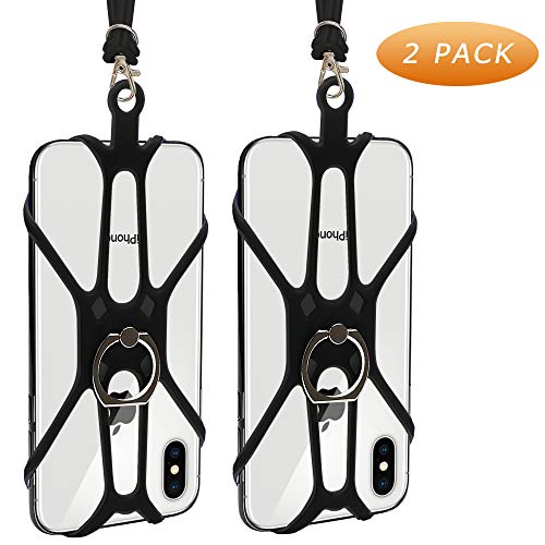Takyu Universal Phone Lanyard Holder, 2 Pack Silicone Retractable Cell Phone Lanyard with Detachable Neckstrap and Phone Ring Holder, Phone Strap Compatible with Most Smartphones (Black Black)