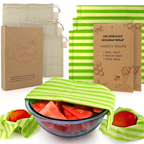 Book Cover Green Beeâ€™s Kitchen - 9 Pack - Beeswax Wraps - 6 Wraps, Bonus 3 Cotton Bags - Eco Friendly, Sustainable Products - 2 Small, 2 Medium, 2 Large Wraps - Perfect Kitchen and Food Storage Solutions