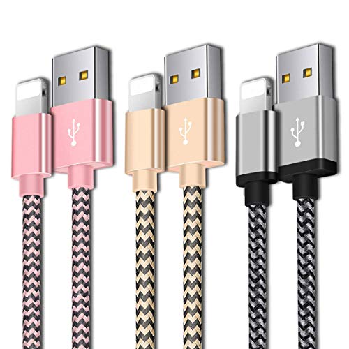 Book Cover OTISA Phone Charger Cable, Charger Cord 3Pack 5FT Nylon Braided Durable Charging Cable Fast Charging Compatible Phone X/Xs/Xr/8/8Plus/7/7Plus/6/6Plus/5/5SE Pad Pod & More (Pink Gold Sliver)
