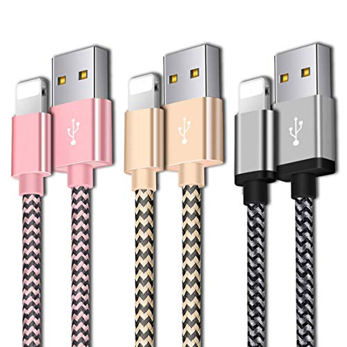 OTISA Phone Charger Cable, Charger Cord 3Pack 5FT Nylon Braided Durable Charging Cable Fast Charging Compatible Phone X/Xs/Xr/8/8Plus/7/7Plus/6/6Plus/5/5SE Pad Pod & More (Pink Gold Sliver)