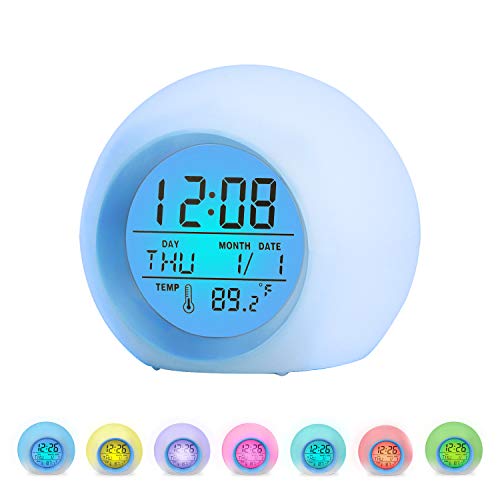Book Cover BZ Alarm Clock for Kids, 7 Colors Changing, LED Digital, Round, Battery, Temperature Detect, One Tap Control, Alarm Setting, Snooze, 12/24 H, for Kids, Home, Office