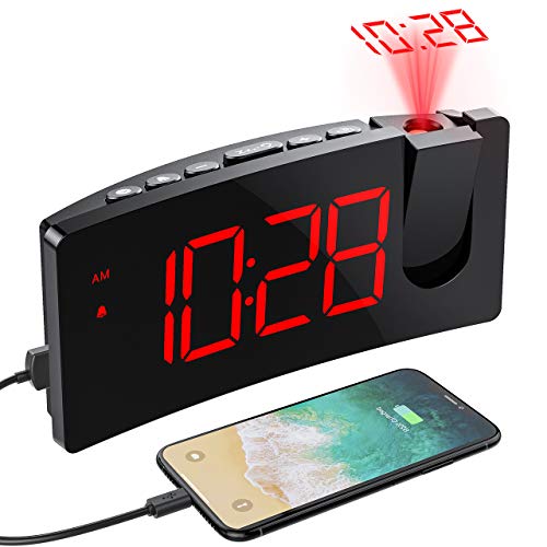 Book Cover PICTEK Projection Alarm Clock, 4 Dimmer, Digital Clock with USB Phone Charger, Easy to Use, Clear Big Red Digit, 5'' LED Curved Screen, 180° Rotable, Digital Alarm Clocks for Bedrooms Ceiling, 12/24H