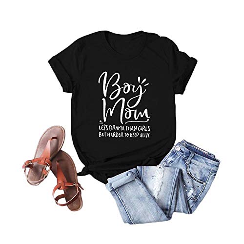 AEKCU Women T-Shirts Boy Mom Less Drama Than Girls Letter Printed Round Neck Short Sleeve Funny Novelty Tops Tees