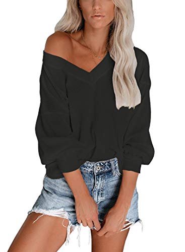 INFITTY Womens V Neck Long Sleeve Casual Off The Shoulder Tops Shirts Oversized Pullover Sweater