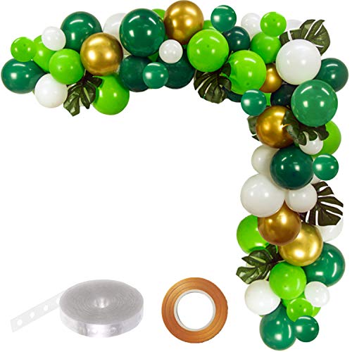 Book Cover FUNPRT Jungle Party Balloon Garland Kit - Metallic Gold Green White Latex Balloons with Artificial Palm Leaves.100 Count