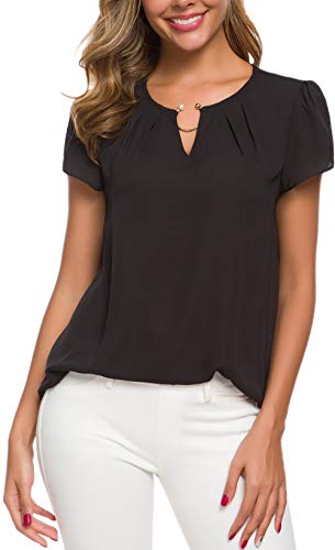 ACONIYA Women's Casual Round Neck Basic Pleated Spring/Summer Basic Tops Cap Sleeve Chiffon Elegant Work Pearl Blouse Shirt