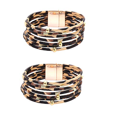 Leopard Bracelets for Women Metal Pipe Charm Multilayer Wide Leather Wrap Bracelet (2)